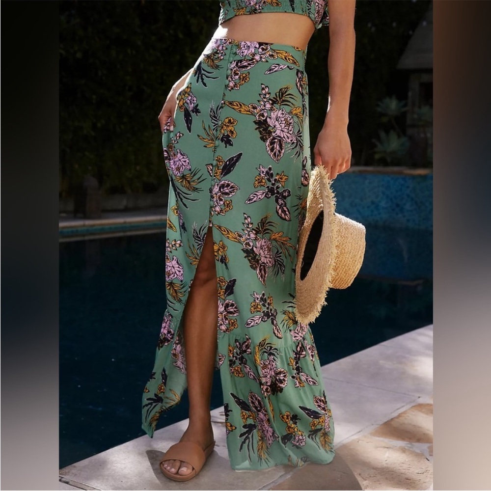 Maaji Green Floral Maxi Skirt with Pink & Yellow Accents
